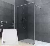 SIMPLE sprchová zástěna Walk-In šedá/transparentní 100 x 200 cm s vaničkou z litého mramoru 100 x 90 cm